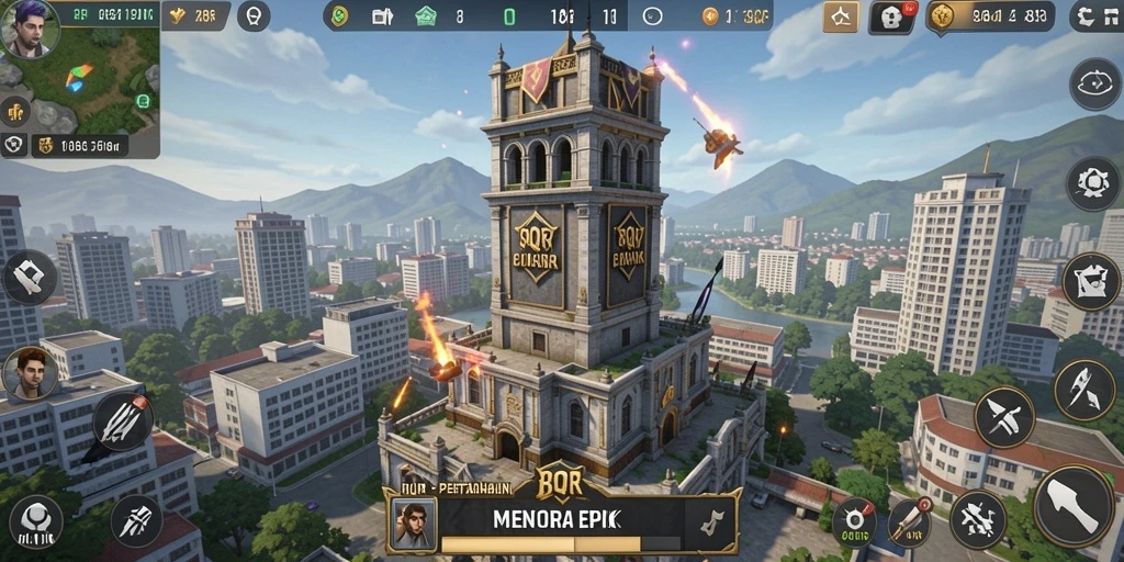 Screenshot gameplay 8QR menunjukkan aksi menara yang mendebarkan.