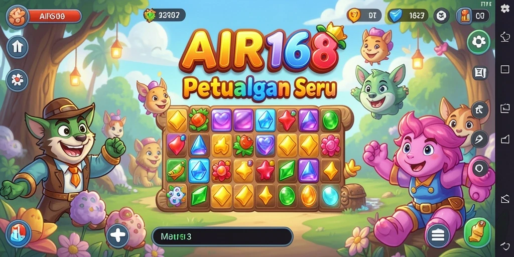 Tangkapan layar menampilkan gameplay seru dalam <strong>AIR168</strong> dengan permata warna-warni yang harus dicocokkan.