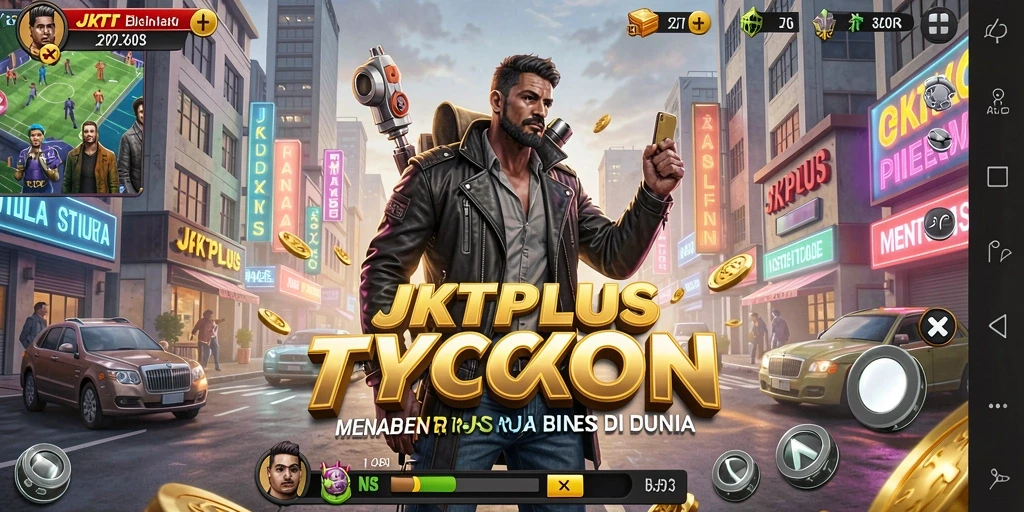 Tampilan gameplay JKTPLUS yang menampilkan strategi manajemen bisnis.