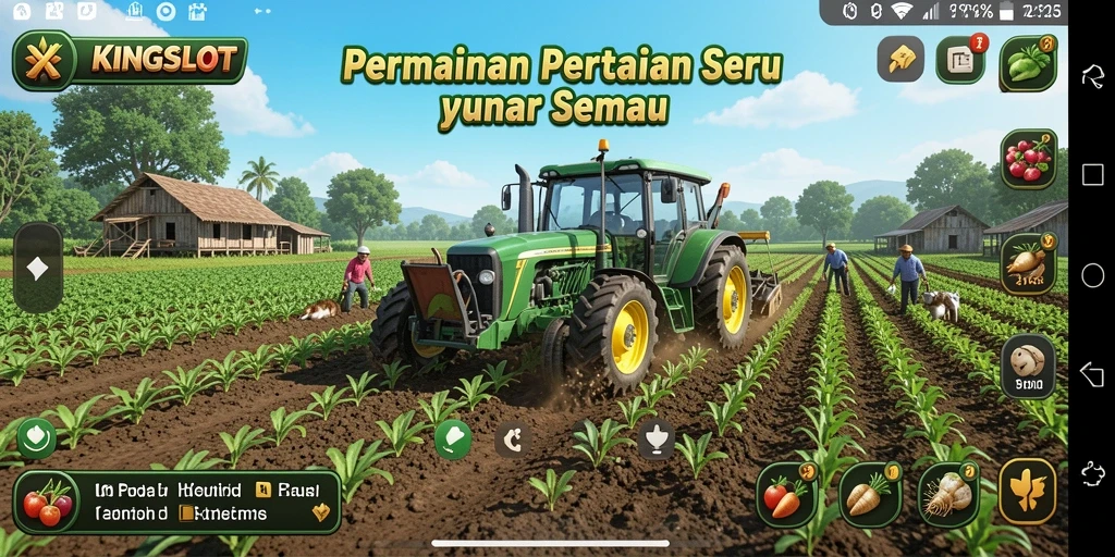 Tangkapan layar KINGSLOT yang menunjukkan aktivitas bertani yang seru.