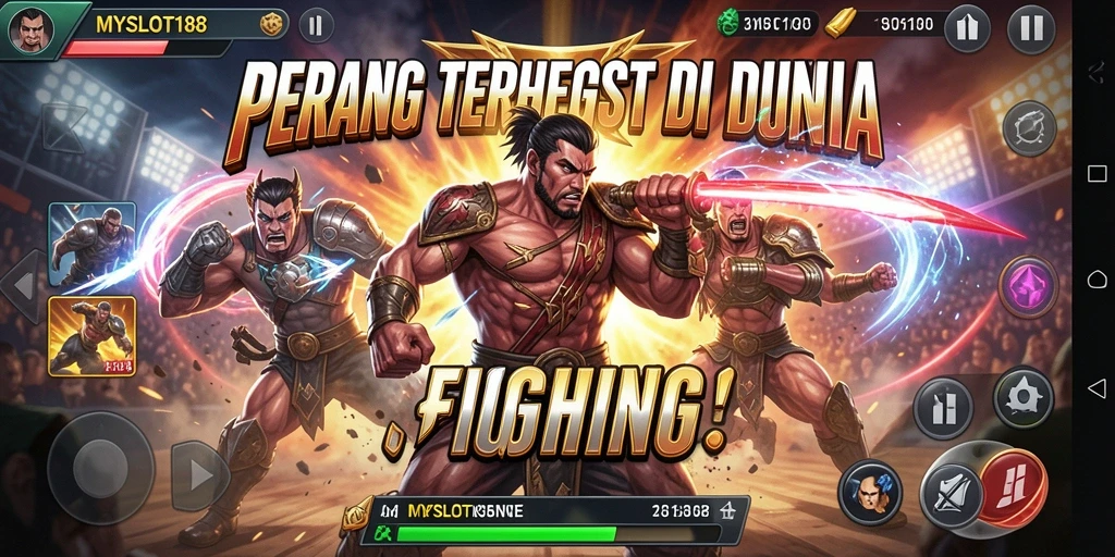 Screenshot gameplay MYSLOT188 menampilkan aksi pertarungan yang bersemangat.