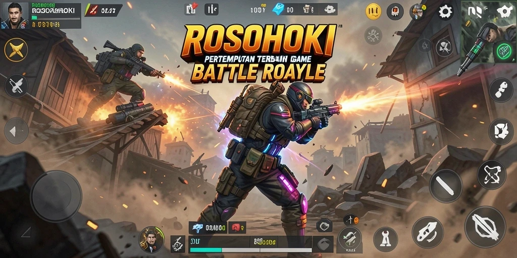 Tangkapan layar utama ROSOHOKI menampilkan aksi pertempuran intens di medan perang battle royale.