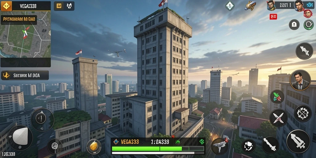 Tampilan gameplay menegangkan di VEGAS338 dengan berbagai menara dan musuh.
